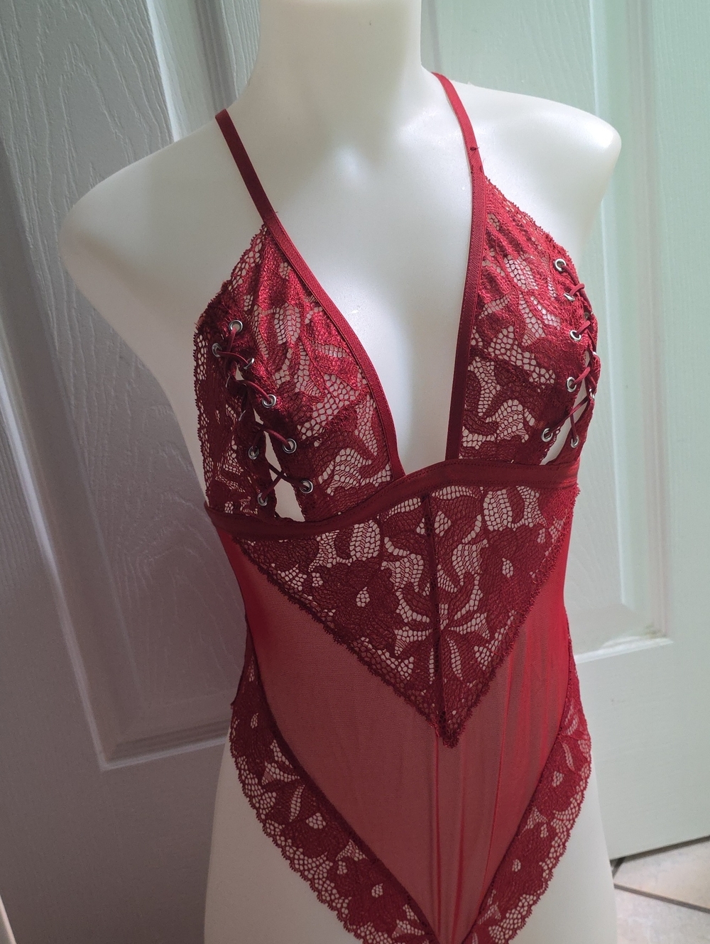 Red Lace Plunge Bodysuit Unlined Size Small
